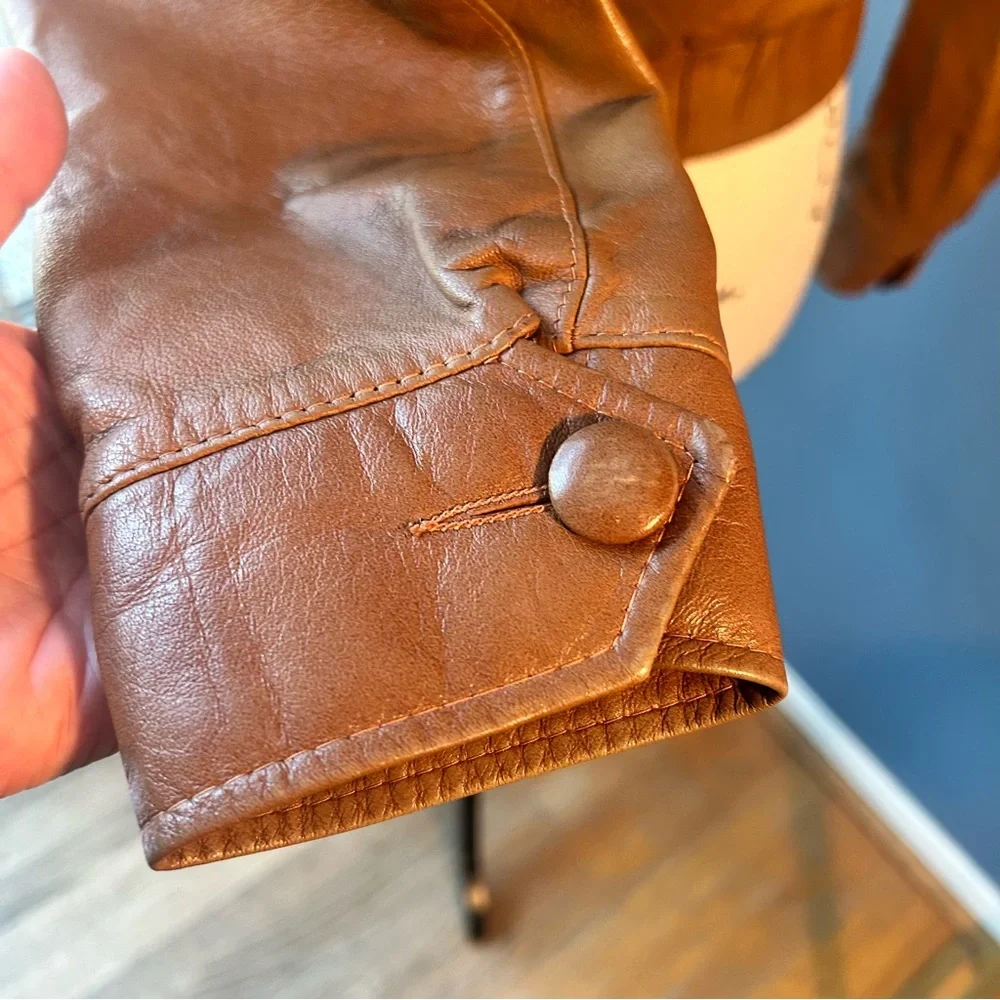 Women's Tan Leather Jacket with Hood - Picture 8 of 15